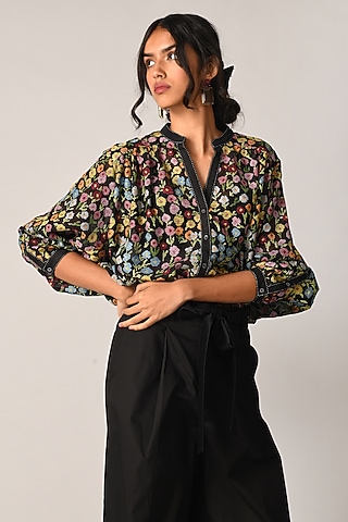 Black Cotton Silk Floral Oversized Shirt by Payal Pratap