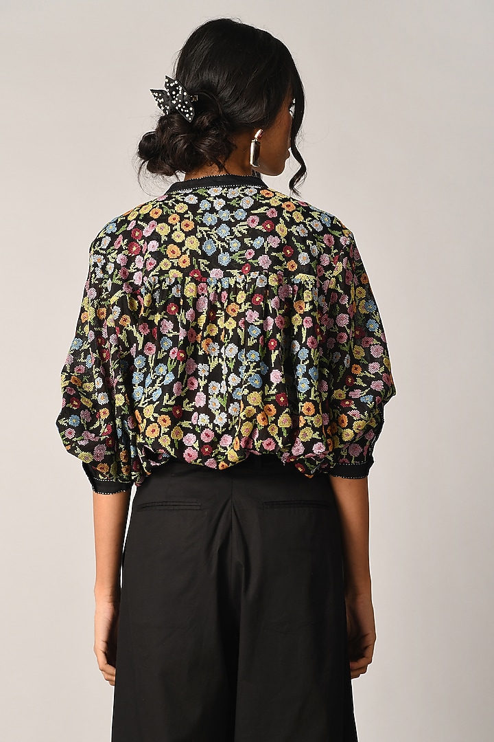 Black Cotton Silk Floral Oversized Shirt by Payal Pratap at Pernia's Pop Up Shop