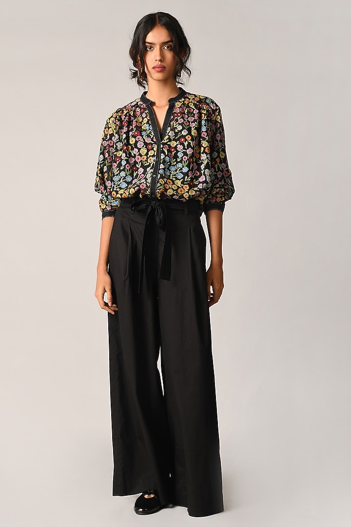 Black Cotton Silk Floral Oversized Shirt by Payal Pratap at Pernia's Pop Up Shop