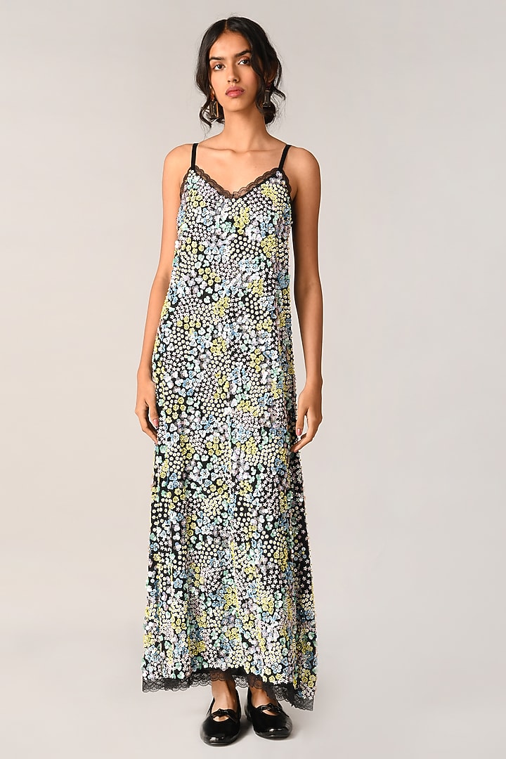Ivory Poly Chiffon Floral Embroidered Slip Party Wear Dress by Payal Pratap at Pernia's Pop Up Shop