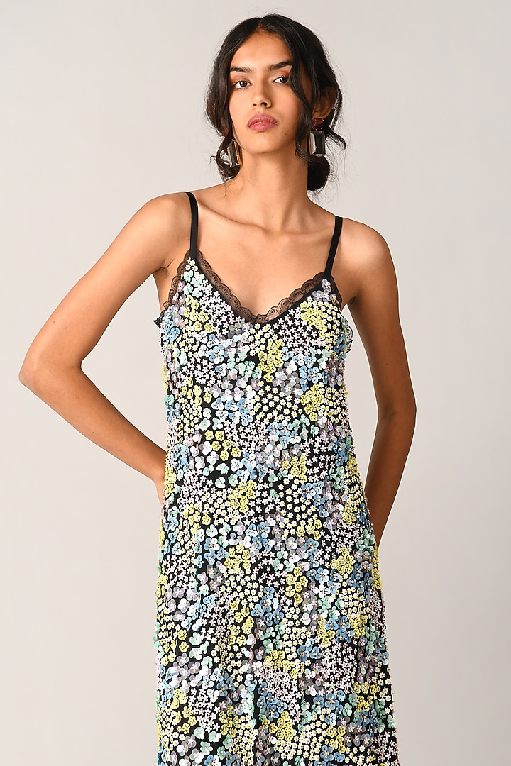 Ivory Poly Chiffon Floral Embroidered Slip Party Wear Dress by Payal Pratap at Pernia's Pop Up Shop