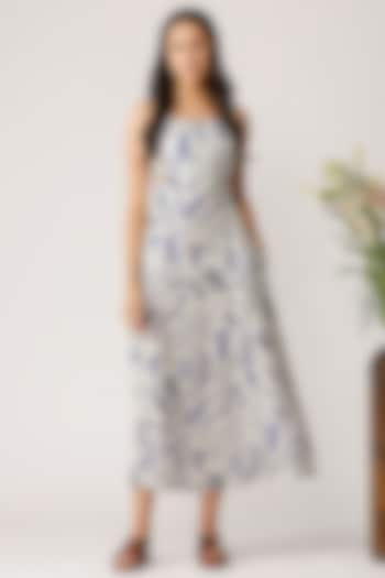 Blue Linen Fern Printed Strappy Dress by Payal Pratap at Pernia's Pop Up Shop