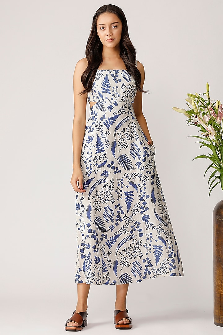 Blue Linen Fern Printed Strappy Dress by Payal Pratap at Pernia's Pop Up Shop