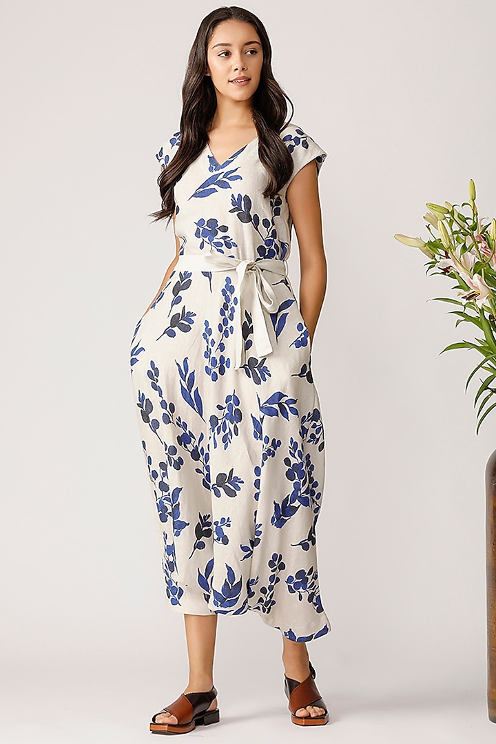 Ecru & Blue Ivy Printed Jumpsuit by Payal Pratap