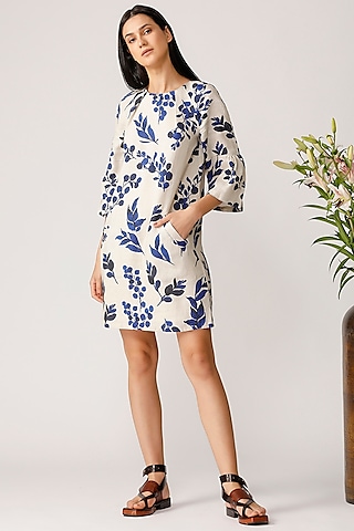 Ecru & Blue Linen Mini Dress by Payal Pratap