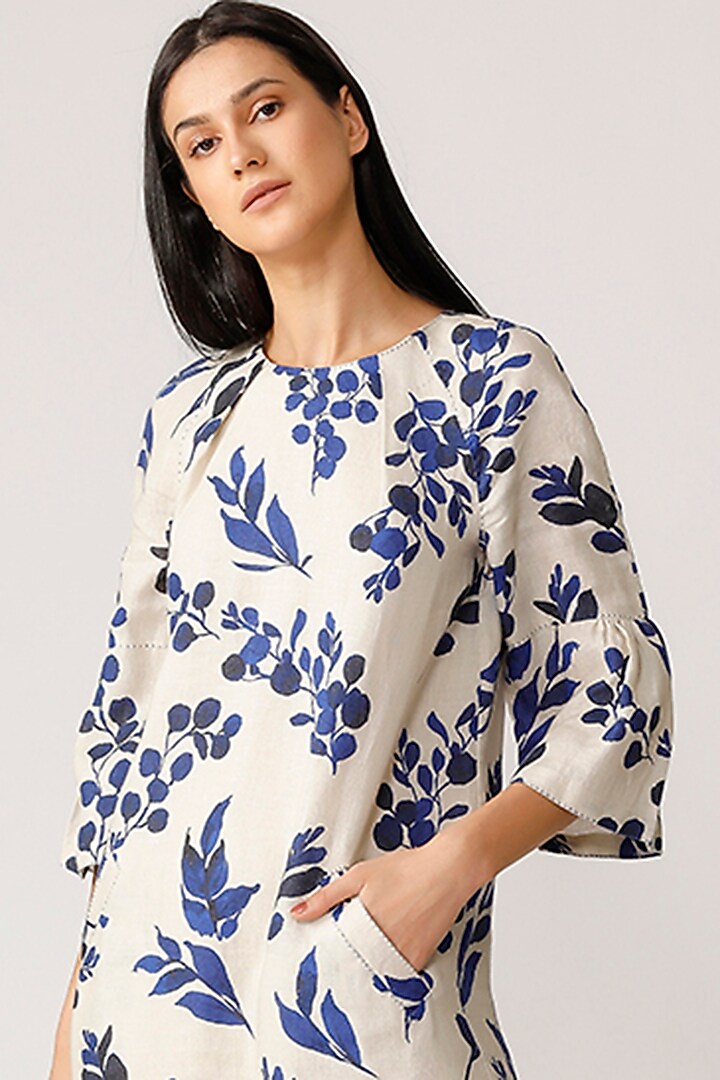Ecru & Blue Linen Mini Summer Dress by Payal Pratap at Pernia's Pop Up Shop