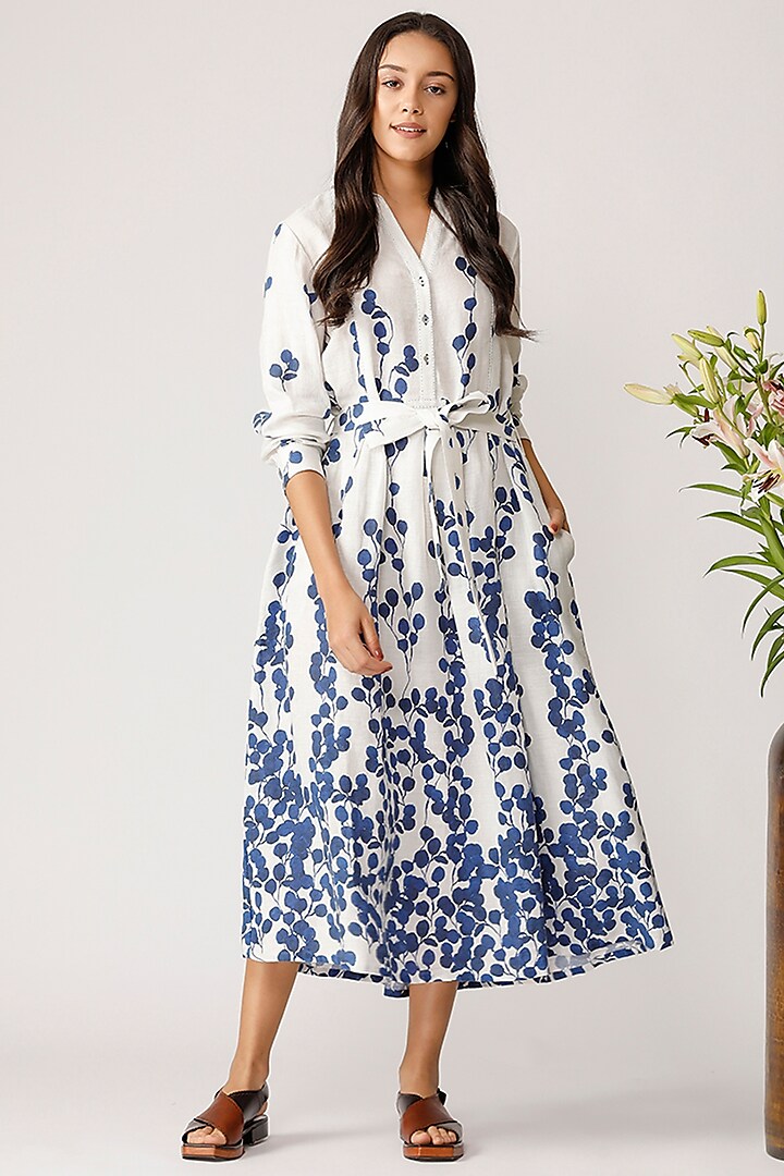 Ecru & Blue Printed Vacation Dress by Payal Pratap at Pernia's Pop Up Shop