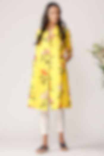 Yellow Floral Printed A-Line Jacket by Payal Pratap at Pernia's Pop Up Shop