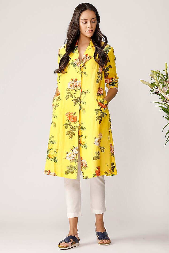 Yellow Floral Printed A-Line Jacket by Payal Pratap at Pernia's Pop Up Shop