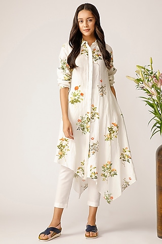 White Floral Printed Asymmetrical Tunic by Payal Pratap