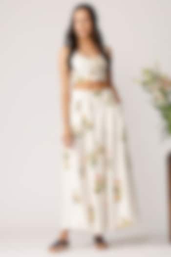 Ecru Floral Printed Wide Legged Palazzo Pants by Payal Pratap at Pernia's Pop Up Shop