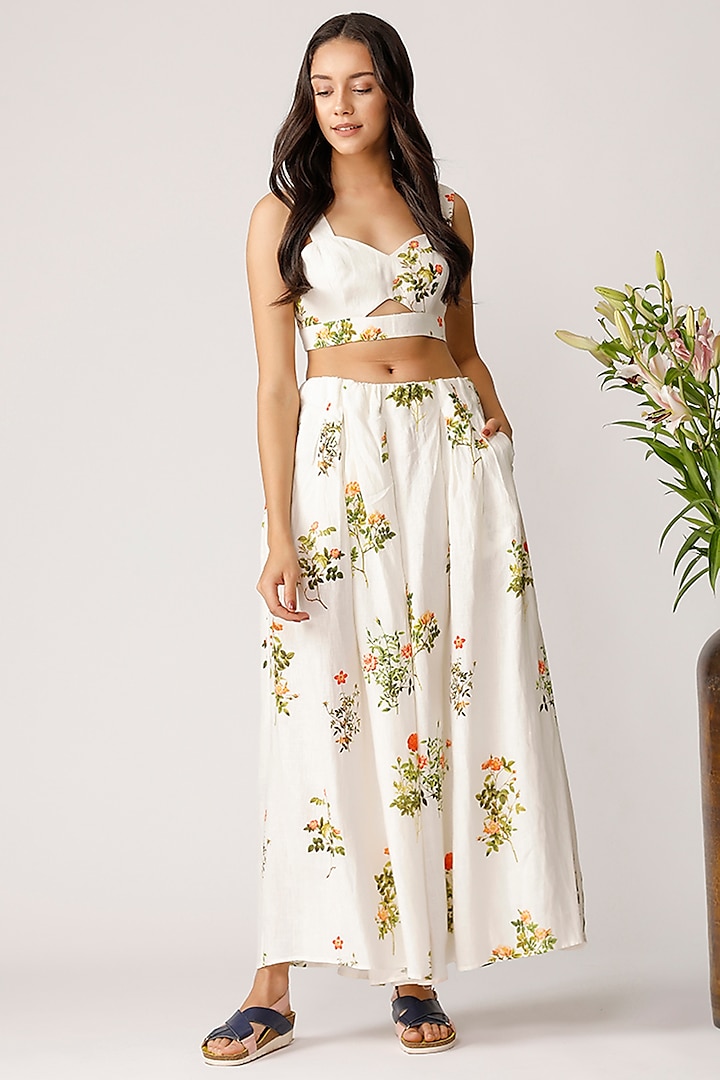 Ecru Floral Printed Wide Legged Palazzo Pants by Payal Pratap at Pernia's Pop Up Shop