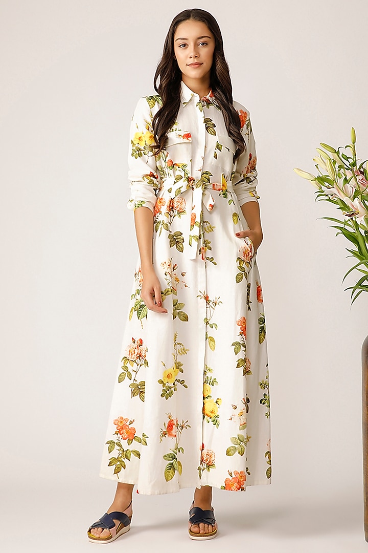 Ecru Cotton Floral Printed Open Maxi Dress by Payal Pratap at Pernia's Pop Up Shop