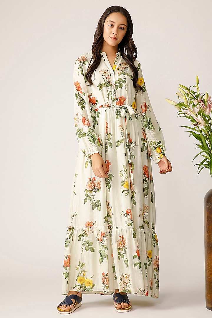 Ecru Floral Printed Maxi Dress by Payal Pratap at Pernia's Pop Up Shop