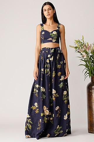 Navy Blue Floral Printed Bustier by Payal Pratap