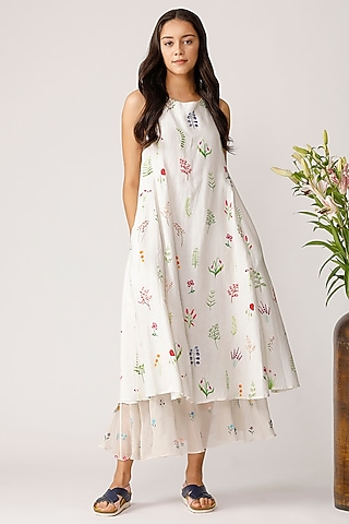 Ecru Floral Printed Cross Back Dress by Payal Pratap