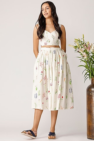 Ecru Floral Printed Linen Bustier by Payal Pratap