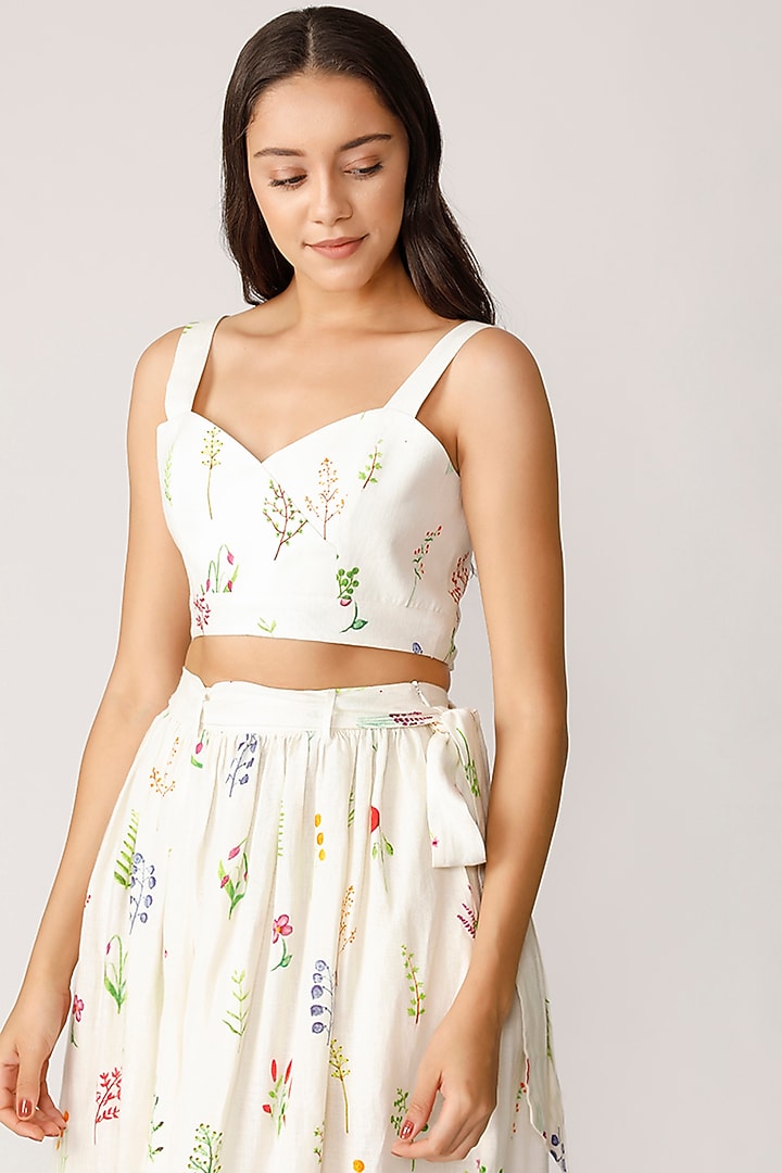 Ecru Floral Printed Linen Bustier by Payal Pratap at Pernia's Pop Up Shop