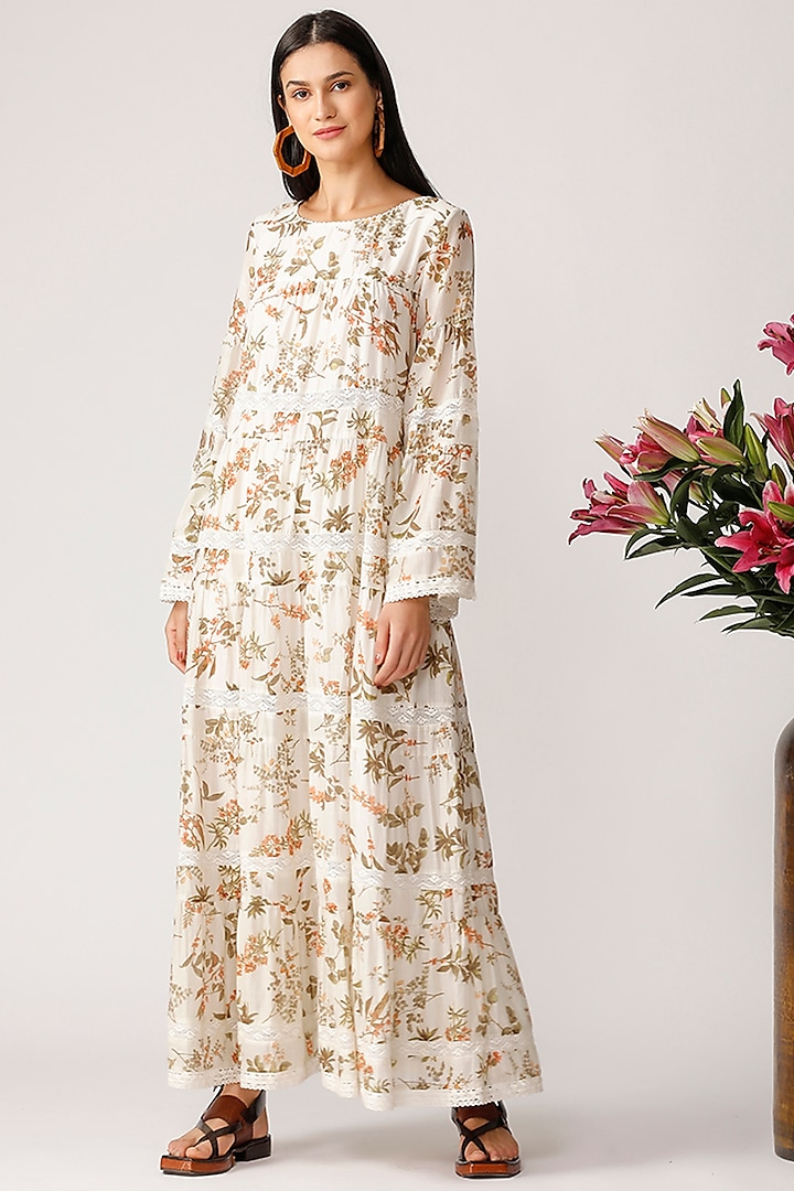 Ecru Floral Printed Maxi Dress by Payal Pratap
