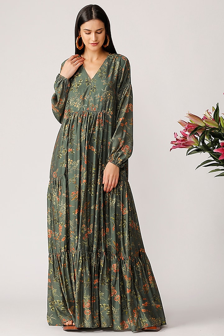Green Twig Printed Vacation Dress by Payal Pratap at Pernia's Pop Up Shop