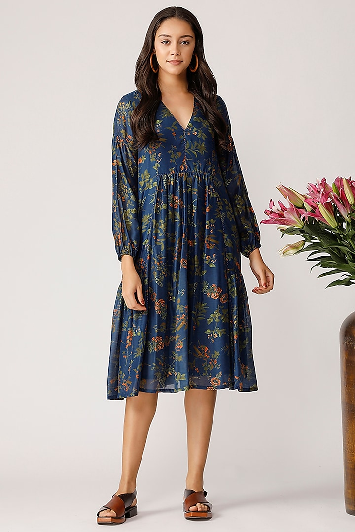 Blue Viscose Chanderi Printed Dress by Payal Pratap at Pernia's Pop Up Shop