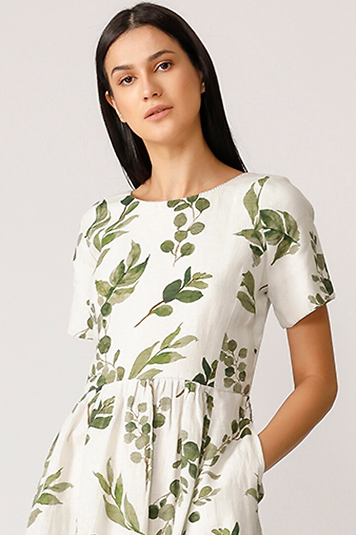 Ecru Linen Printed Vacation Dress by Payal Pratap at Pernia's Pop Up Shop