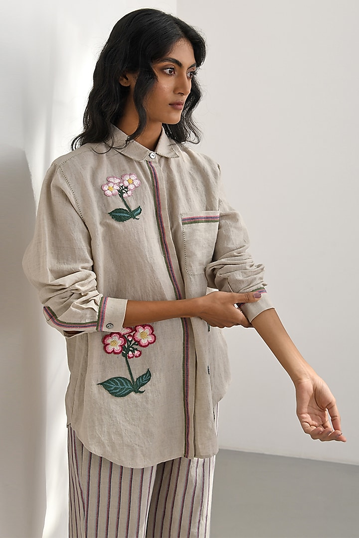 Beige Handloom Linen Applique Embroidered Shirt by Payal Pratap at Pernia's Pop Up Shop