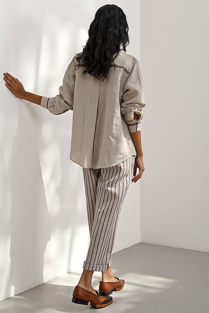 Beige Handloom Linen Applique Embroidered Shirt by Payal Pratap at Pernia's Pop Up Shop