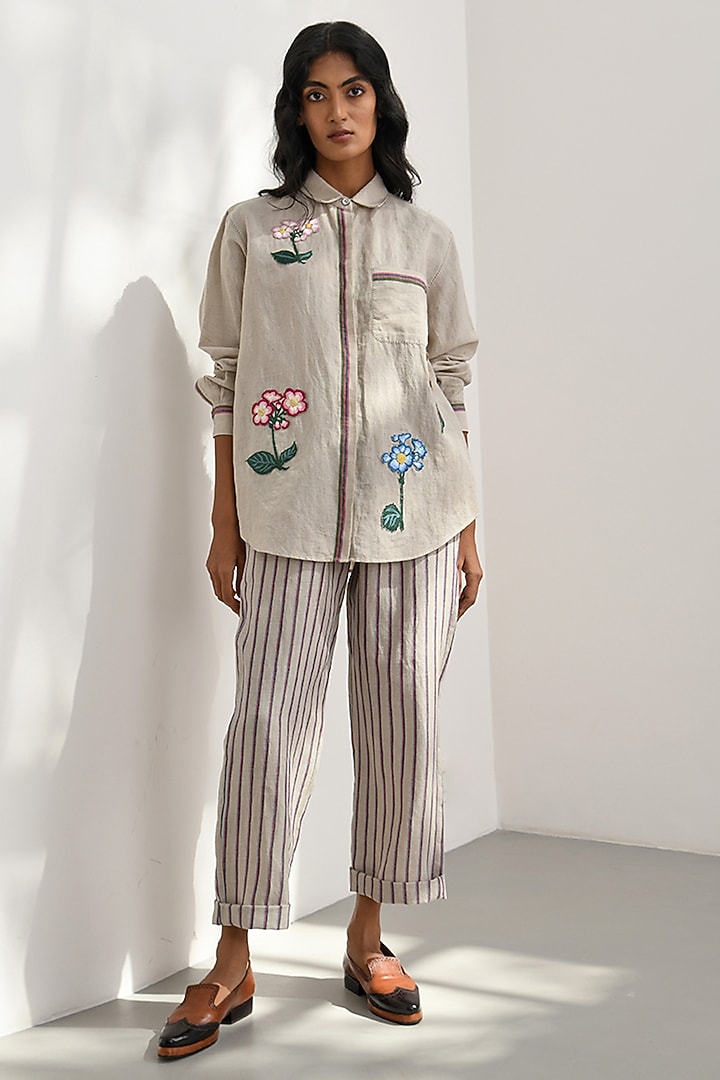 Beige Handloom Linen Applique Embroidered Shirt by Payal Pratap at Pernia's Pop Up Shop