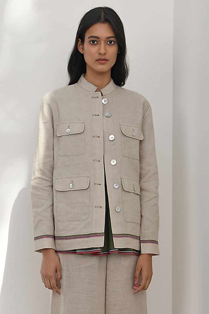 Beige Handloom Linen Shirt Jacket by Payal Pratap at Pernia's Pop Up Shop