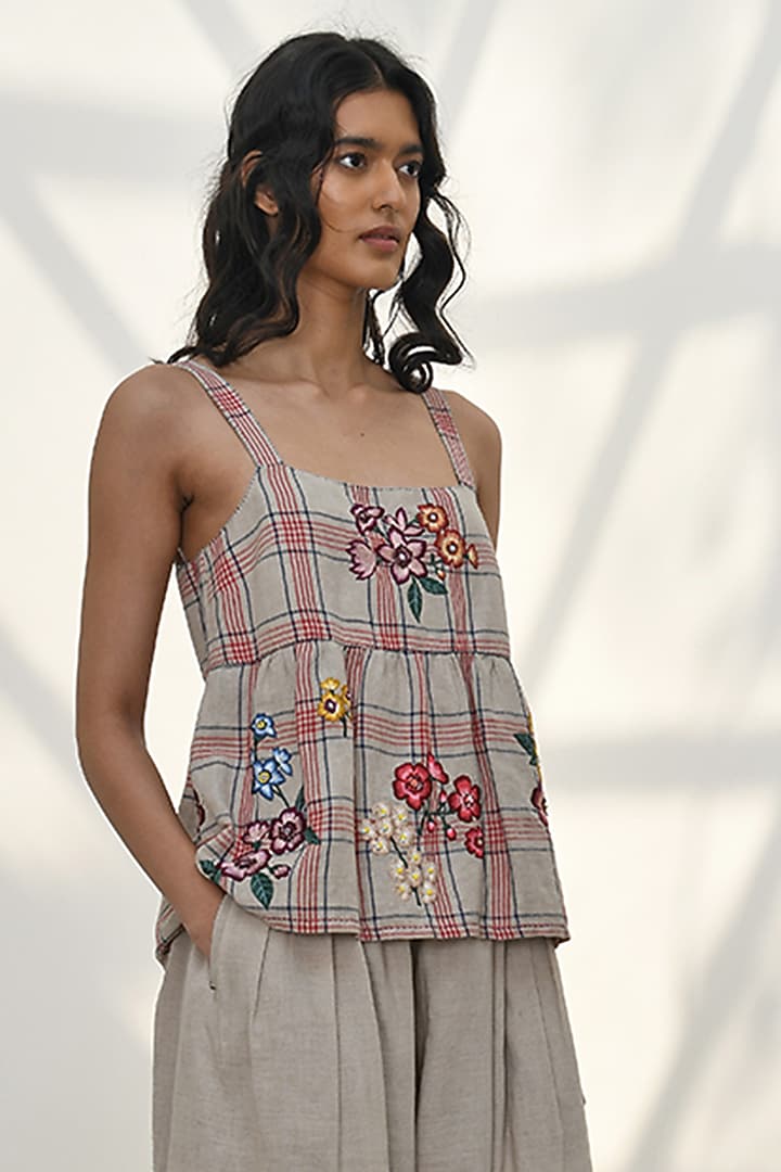 Beige Handloom Linen Floral Thread Embroidered Peplum Top by Payal Pratap at Pernia's Pop Up Shop
