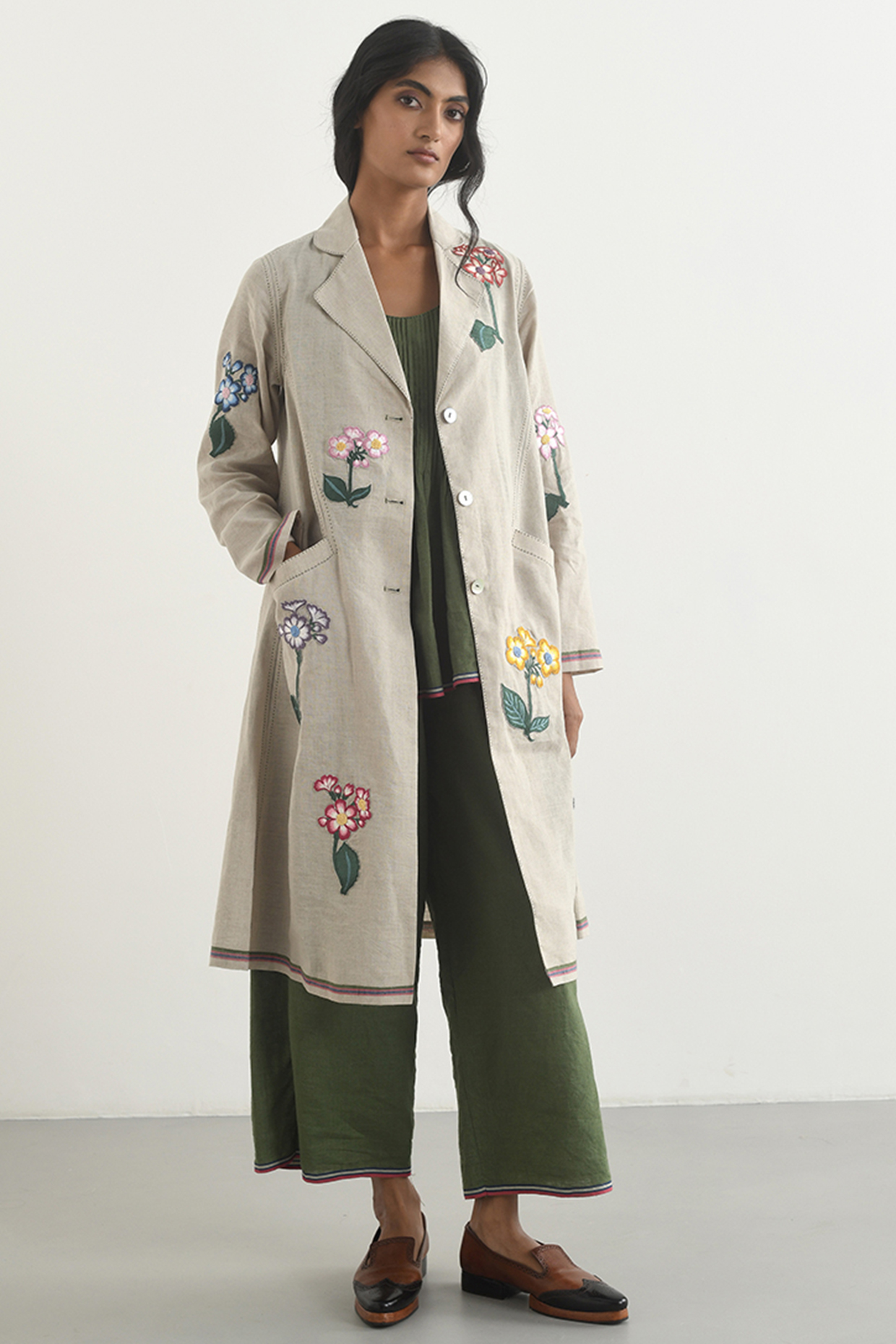 Beige Handloom Linen Applique Embroidered Jacket by Payal Pratap at Pernia's Pop Up Shop