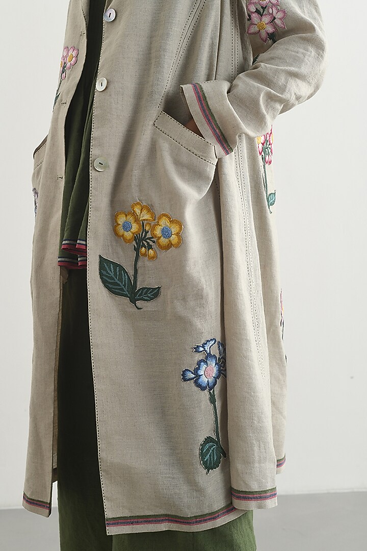 Beige Handloom Linen Applique Embroidered Jacket by Payal Pratap at Pernia's Pop Up Shop