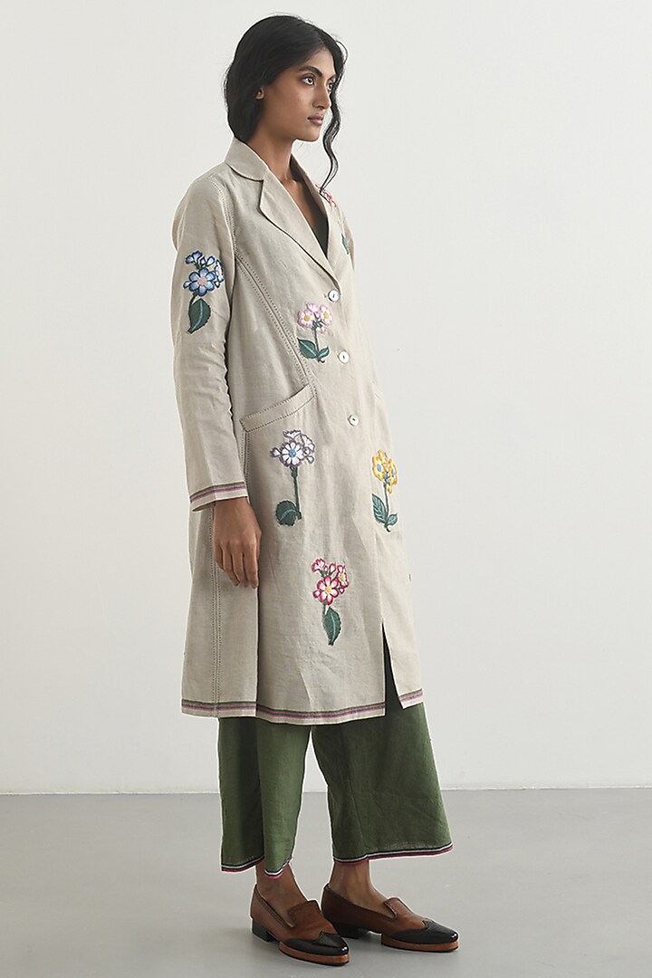 Beige Handloom Linen Applique Embroidered Jacket by Payal Pratap at Pernia's Pop Up Shop