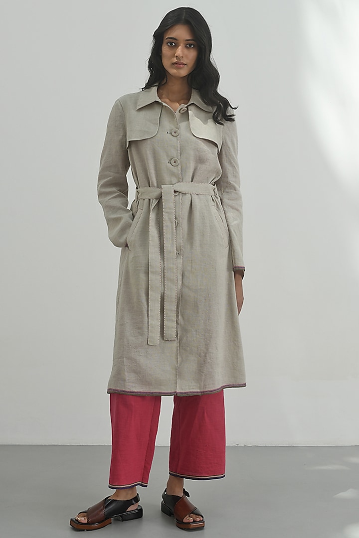 Beige Handloom Linen Trench Coat by Payal Pratap at Pernia's Pop Up Shop