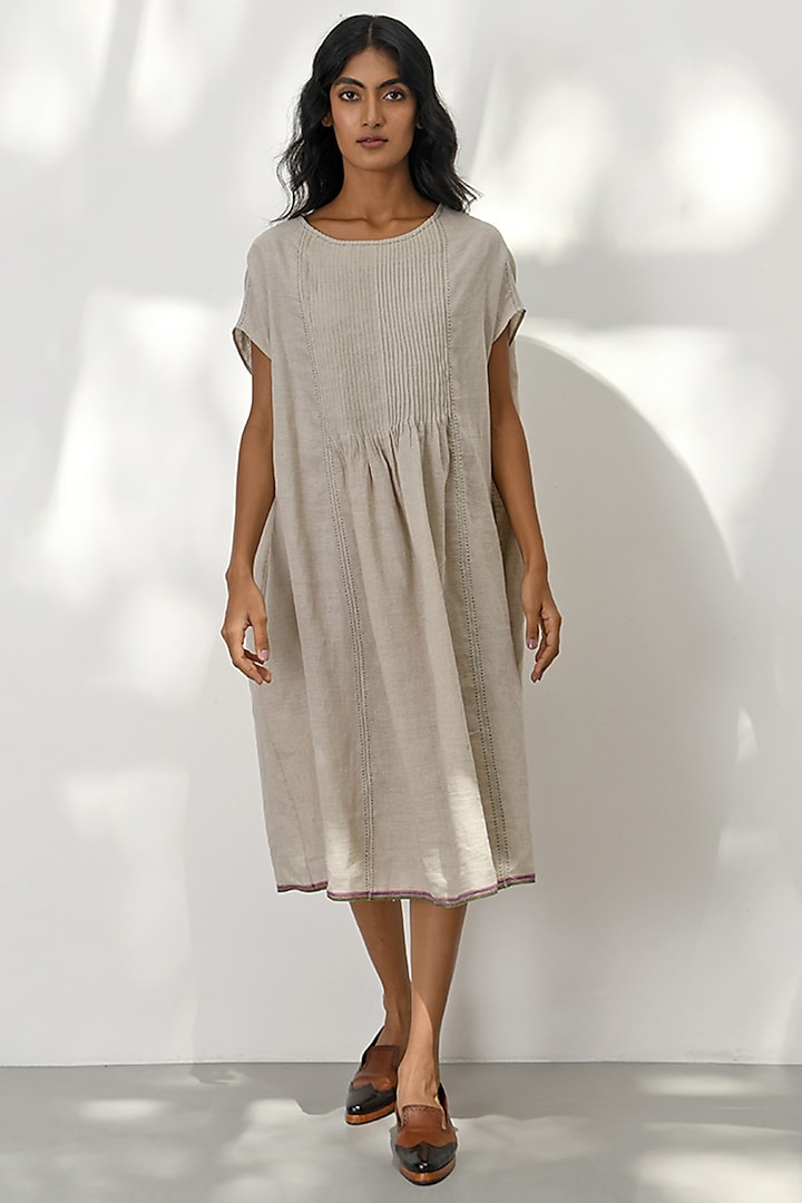 Beige Handloom Linen Pleated Dress by Payal Pratap at Pernia's Pop Up Shop