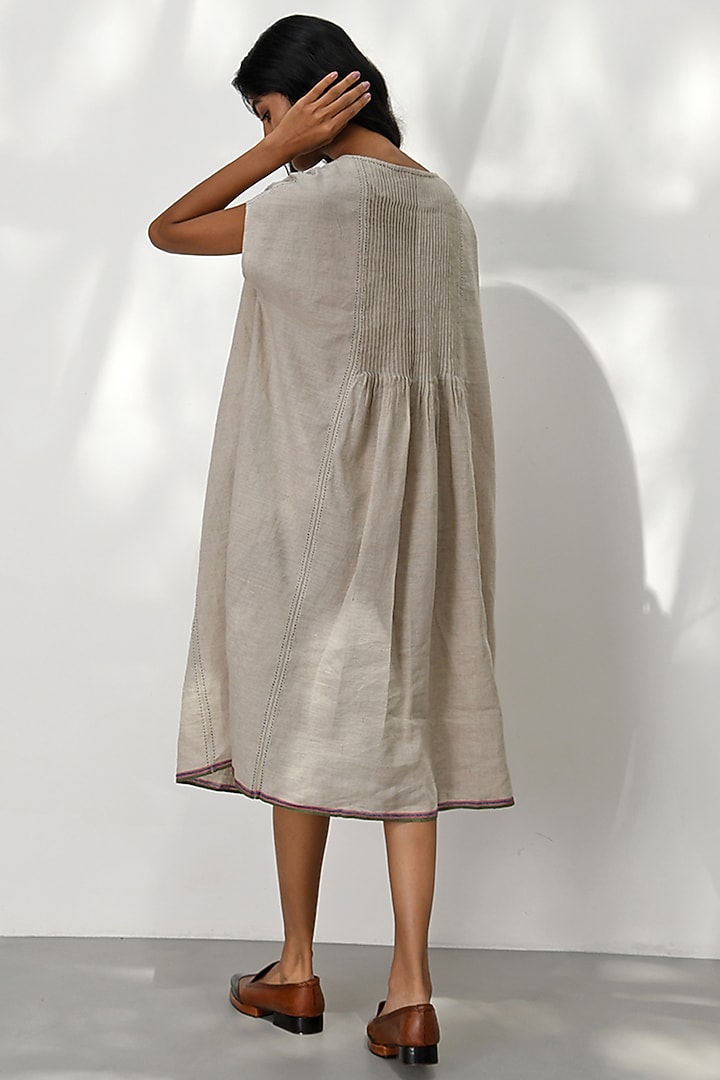 Beige Handloom Linen Pleated Vacation Dress by Payal Pratap at Pernia's Pop Up Shop