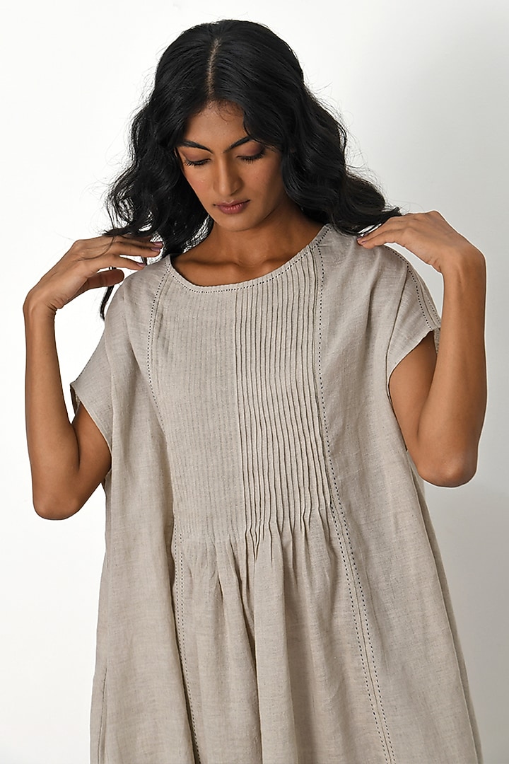Beige Handloom Linen Pleated Vacation Dress by Payal Pratap at Pernia's Pop Up Shop