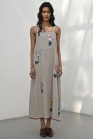 Beige Handloom Linen Applique Embroidered Strappy Dress by Payal Pratap