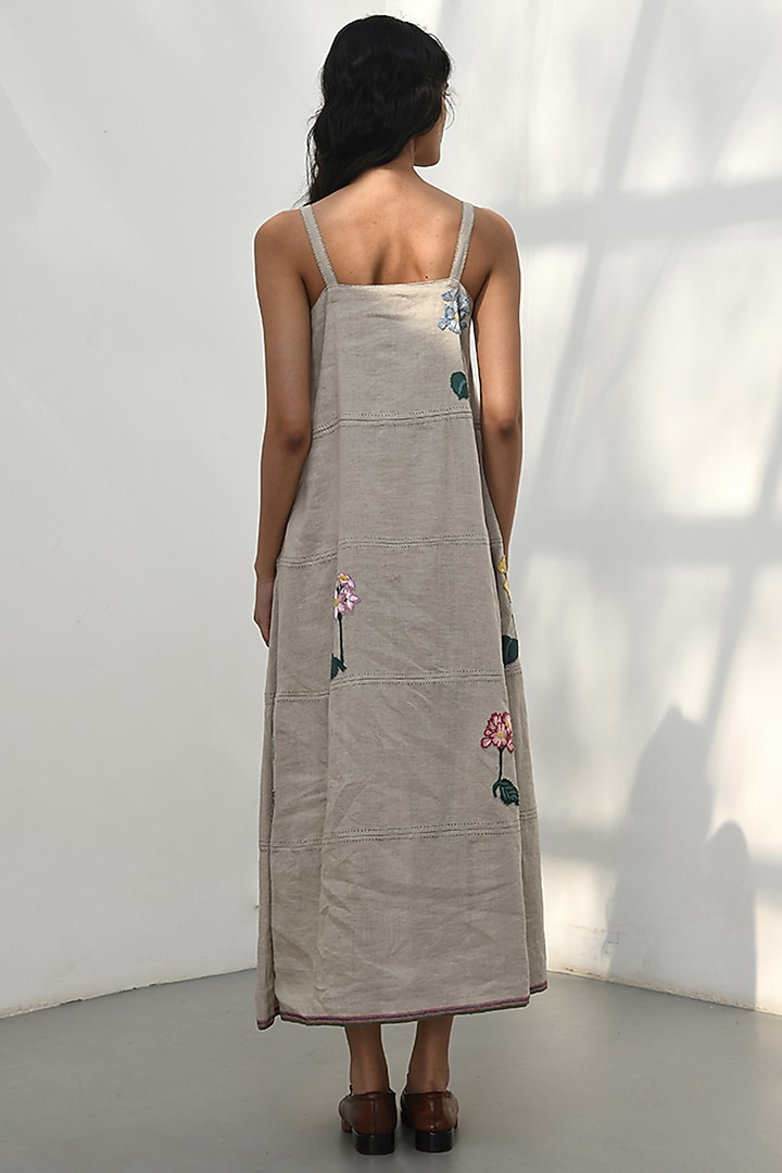 Beige Handloom Linen Applique Embroidered Strappy Vacation Dress by Payal Pratap at Pernia's Pop Up Shop