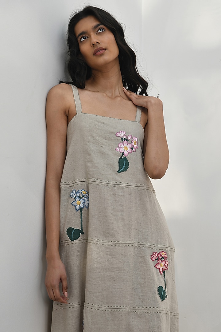 Beige Handloom Linen Applique Embroidered Strappy Vacation Dress by Payal Pratap at Pernia's Pop Up Shop