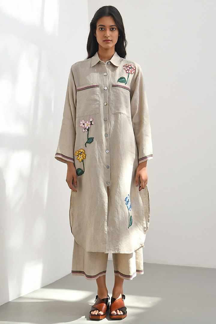 Beige Handloom Linen Sequins & Bead Embroidered Tunic by Payal Pratap at Pernia's Pop Up Shop