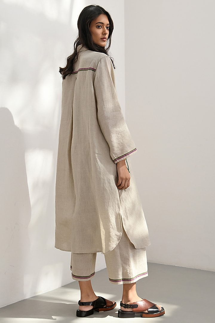 Beige Handloom Linen Sequins & Bead Embroidered Tunic by Payal Pratap at Pernia's Pop Up Shop