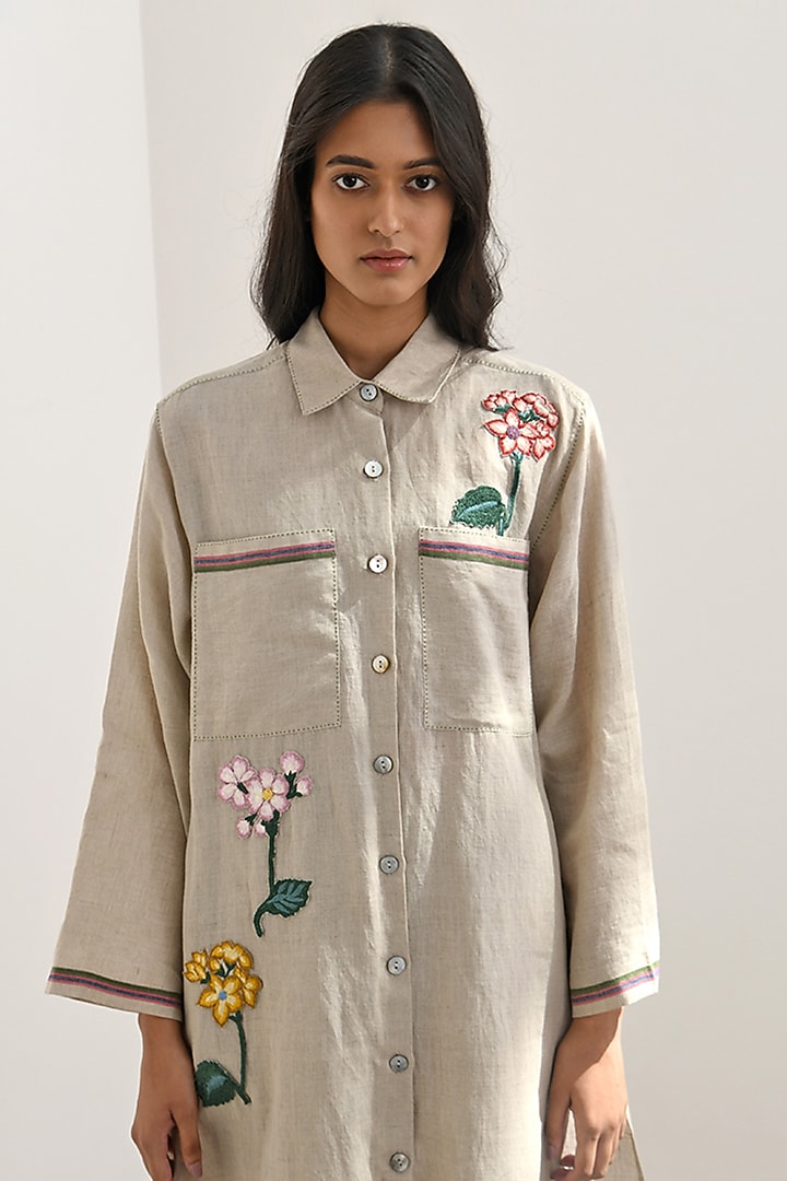 Beige Handloom Linen Sequins & Bead Embroidered Tunic by Payal Pratap at Pernia's Pop Up Shop