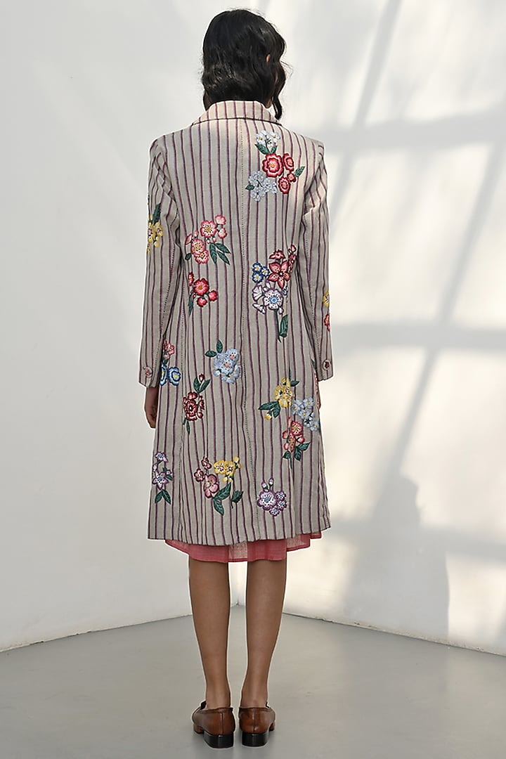 Beige Handloom Linen Bead Embroidered Striped Jacket by Payal Pratap at Pernia's Pop Up Shop