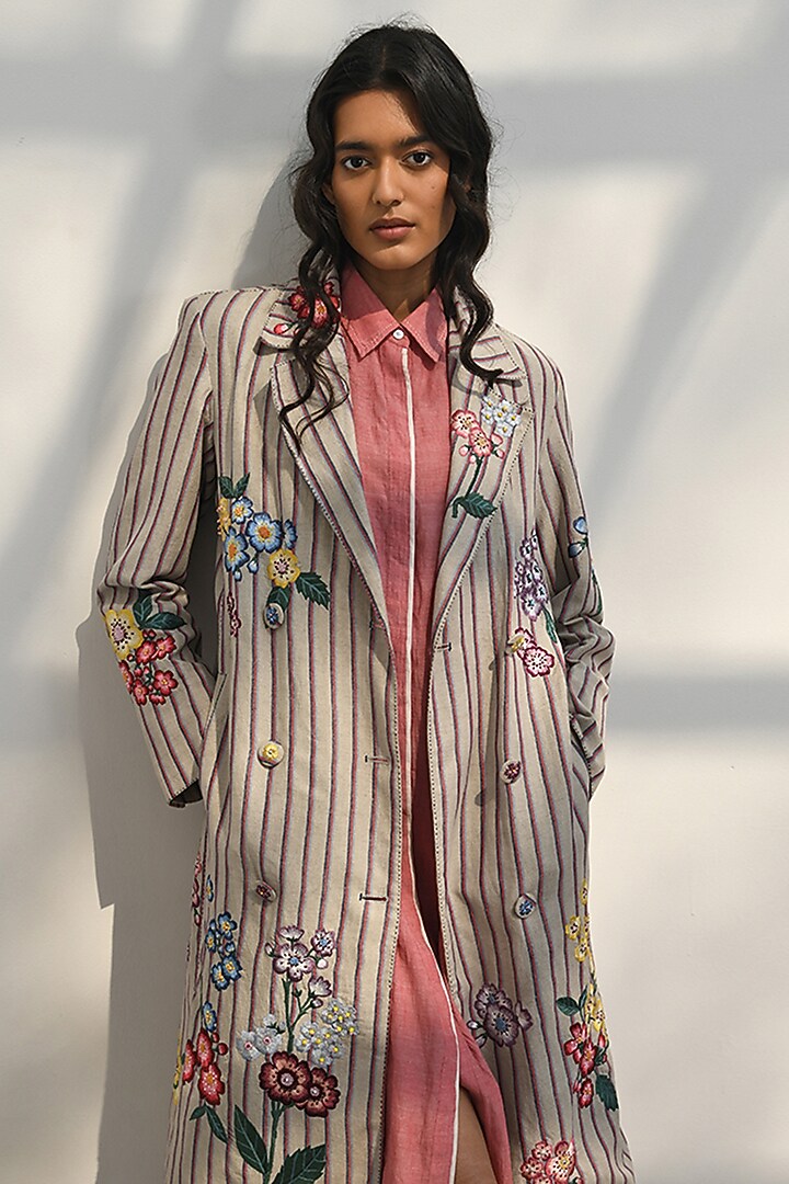 Beige Handloom Linen Bead Embroidered Striped Jacket by Payal Pratap at Pernia's Pop Up Shop