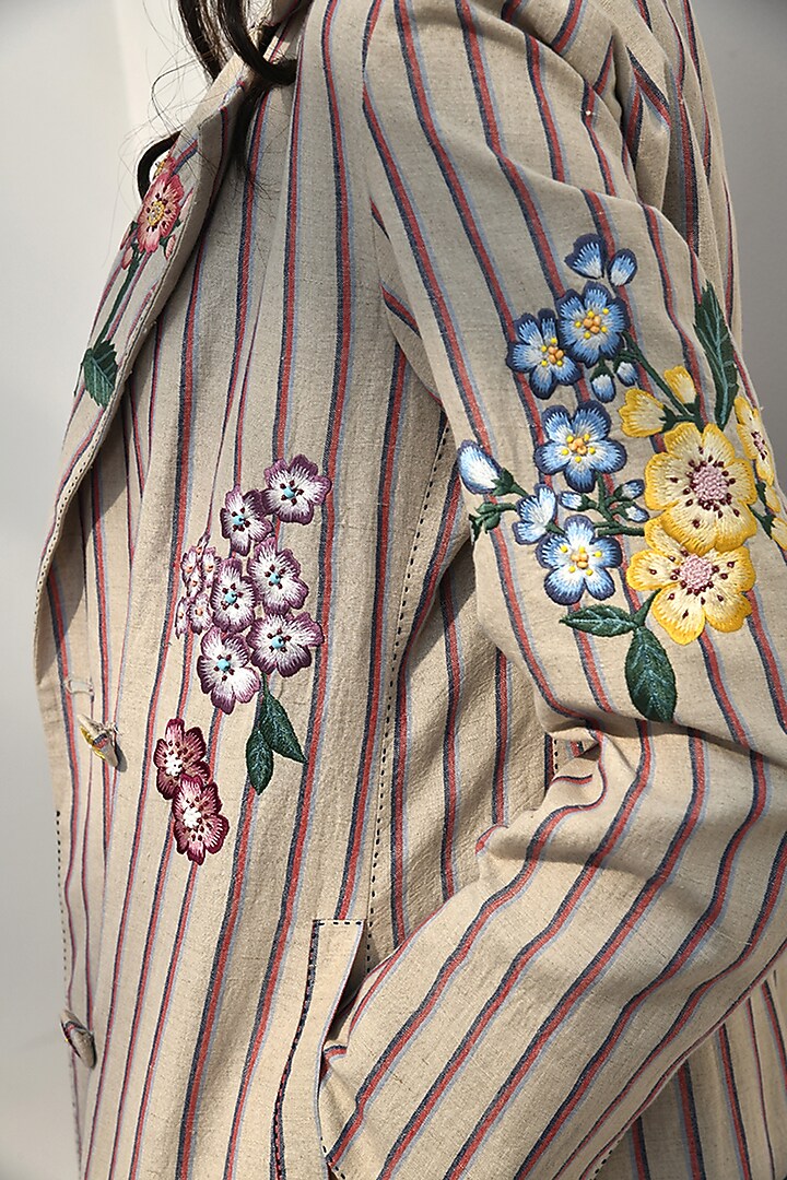 Beige Handloom Linen Bead Embroidered Striped Jacket by Payal Pratap at Pernia's Pop Up Shop