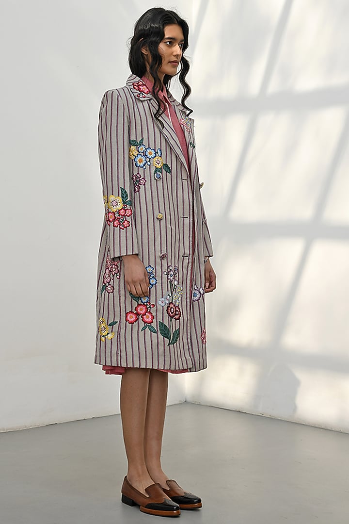 Beige Handloom Linen Bead Embroidered Striped Jacket by Payal Pratap at Pernia's Pop Up Shop