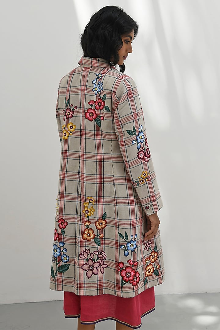 Beige Handloom Linen Bead Embroidered Checkered Jacket by Payal Pratap at Pernia's Pop Up Shop