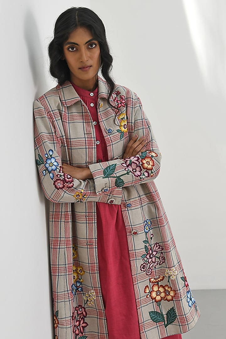 Beige Handloom Linen Bead Embroidered Checkered Jacket by Payal Pratap at Pernia's Pop Up Shop